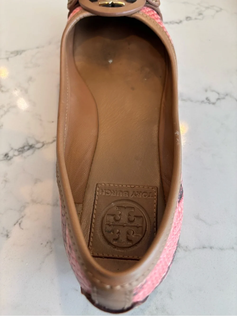 Tory Burch Pink Snakeskin-Print Leather Logo Ballet Flats with Tan Trim CT